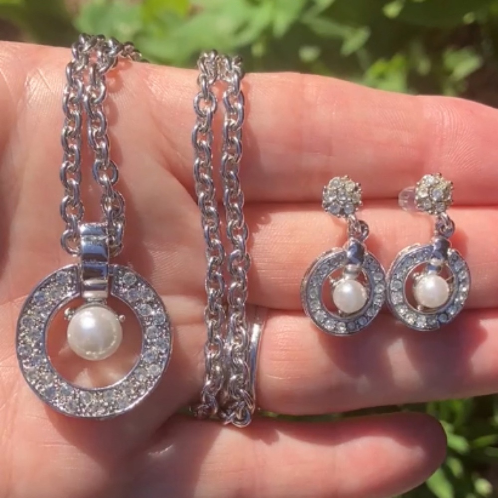 Crystal Pearl Necklace and Earrings